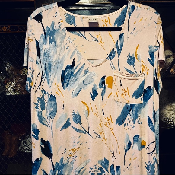 Soma Long Maxi Nightgown Yellow Print Size Large Side Slits - Picture 2 of 12